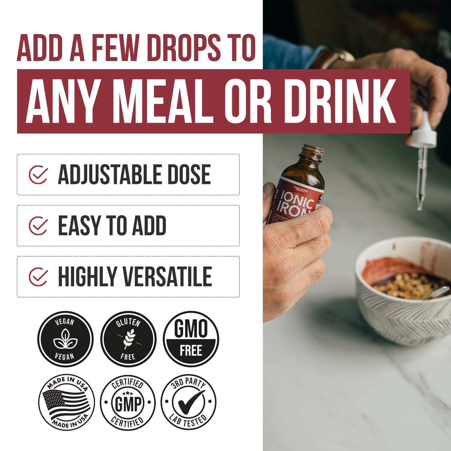 Triquetra Health ionic iron label closeup emphasizes natural, earth-sourced minerals.