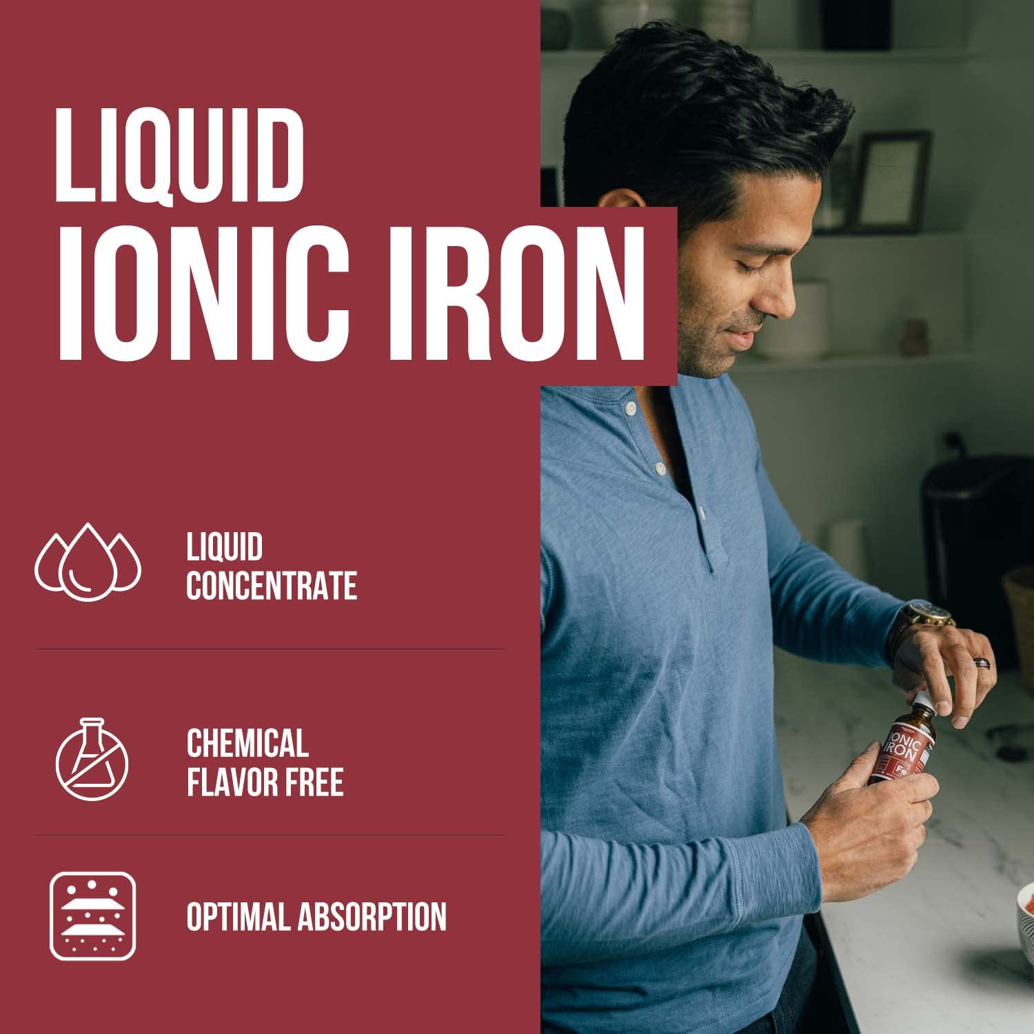 Triquetra Health ionic iron liquid pour showing immediate absorption potential.