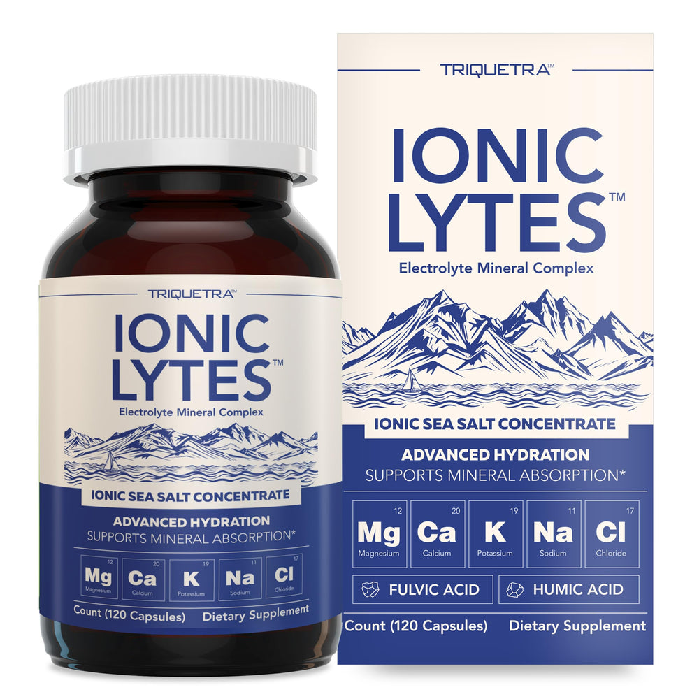 Triquetra Health Ionic Lytes bottle front promotes hydration support.