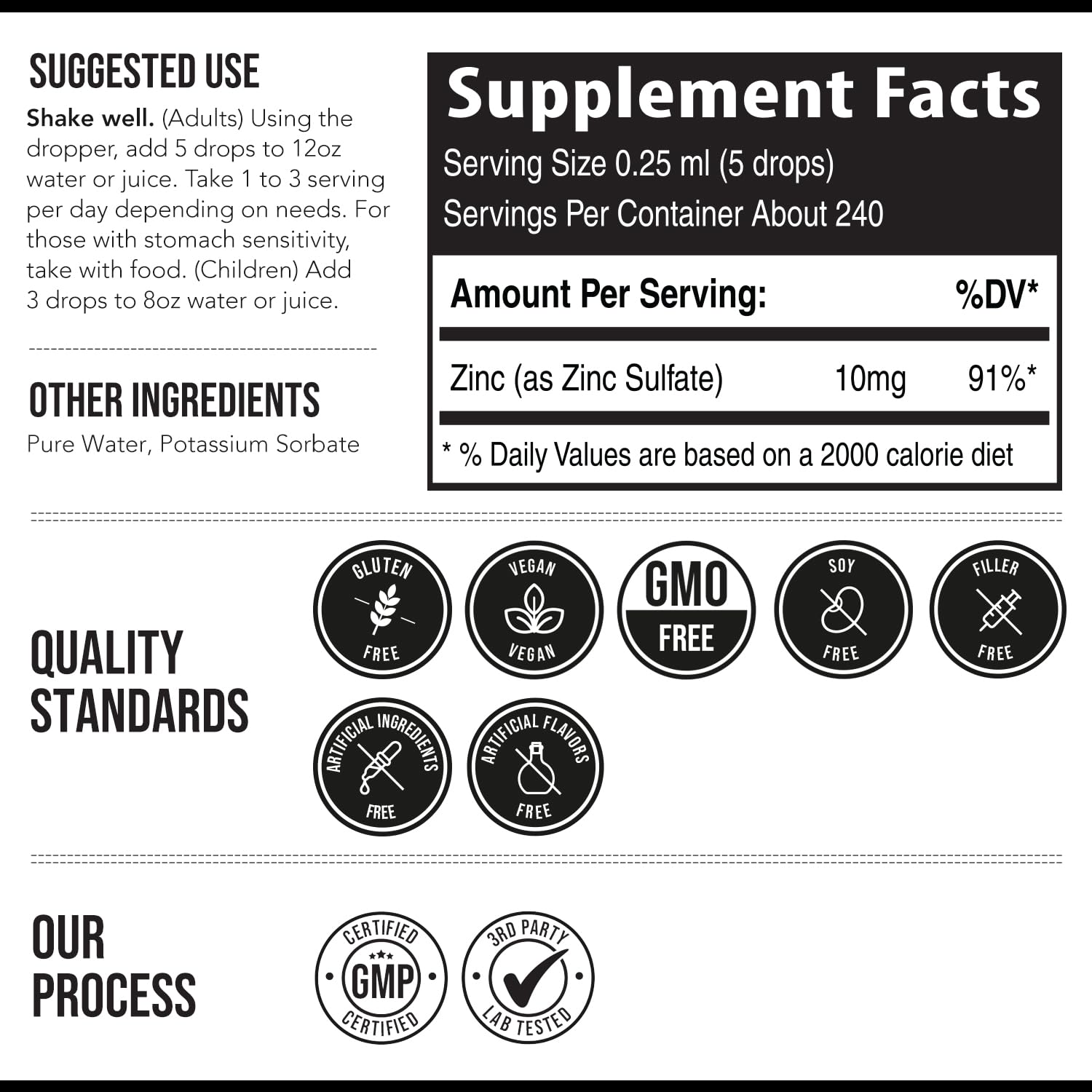 Glass bottle with dropper emphasizes sugar-free and GMO-free formulation.