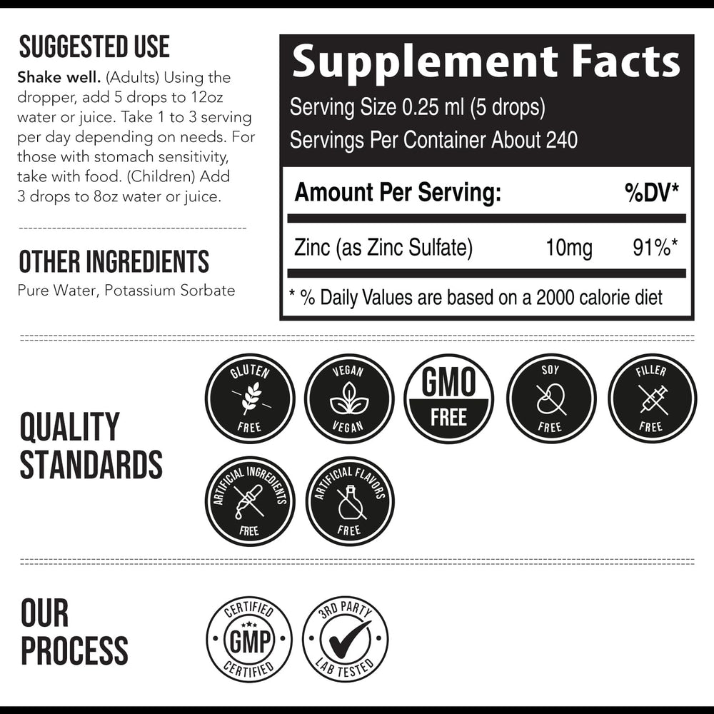 Glass bottle with dropper emphasizes sugar-free and GMO-free formulation.