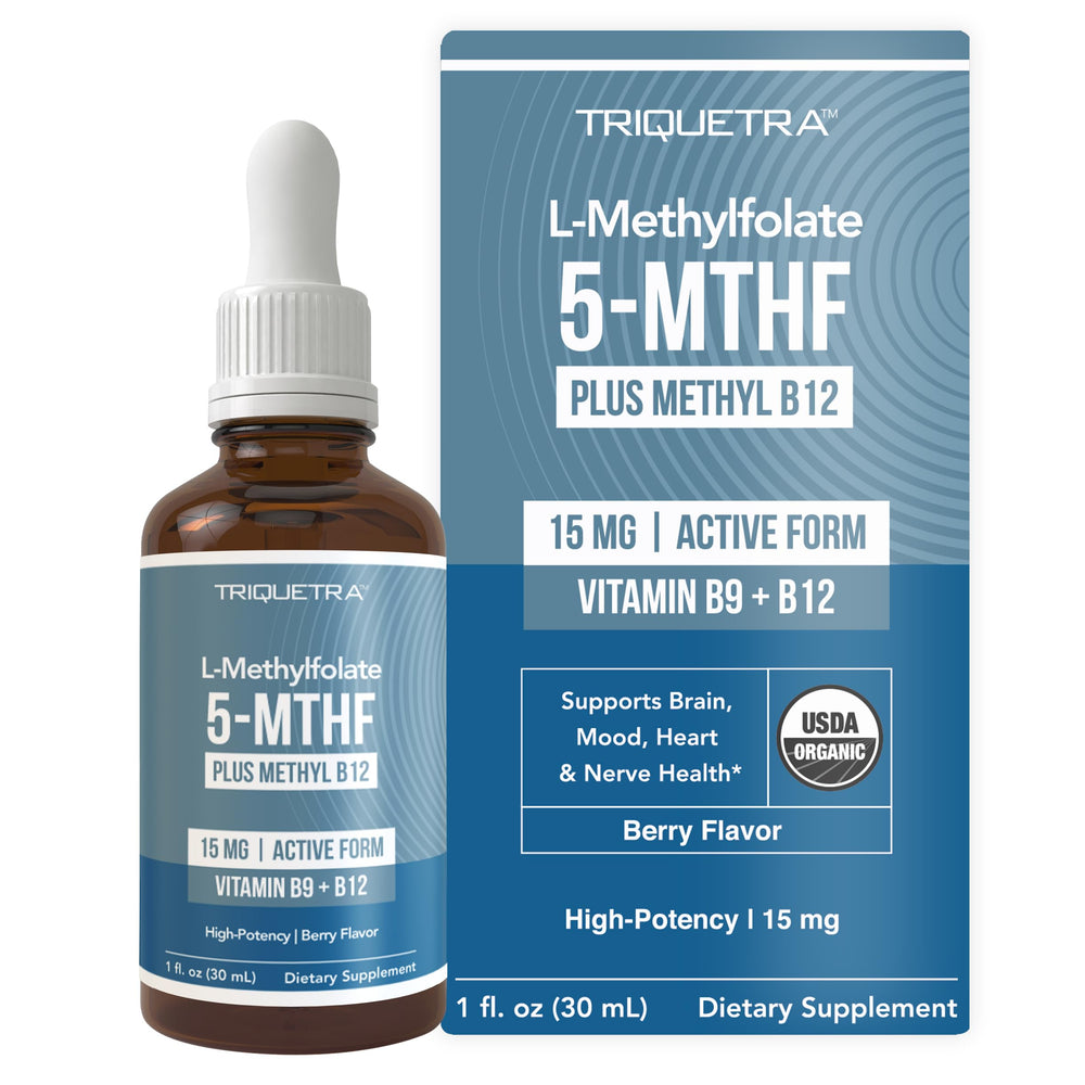 Triquetra Health L-Methylfolate 15mg bottle pour supports mood and focus.