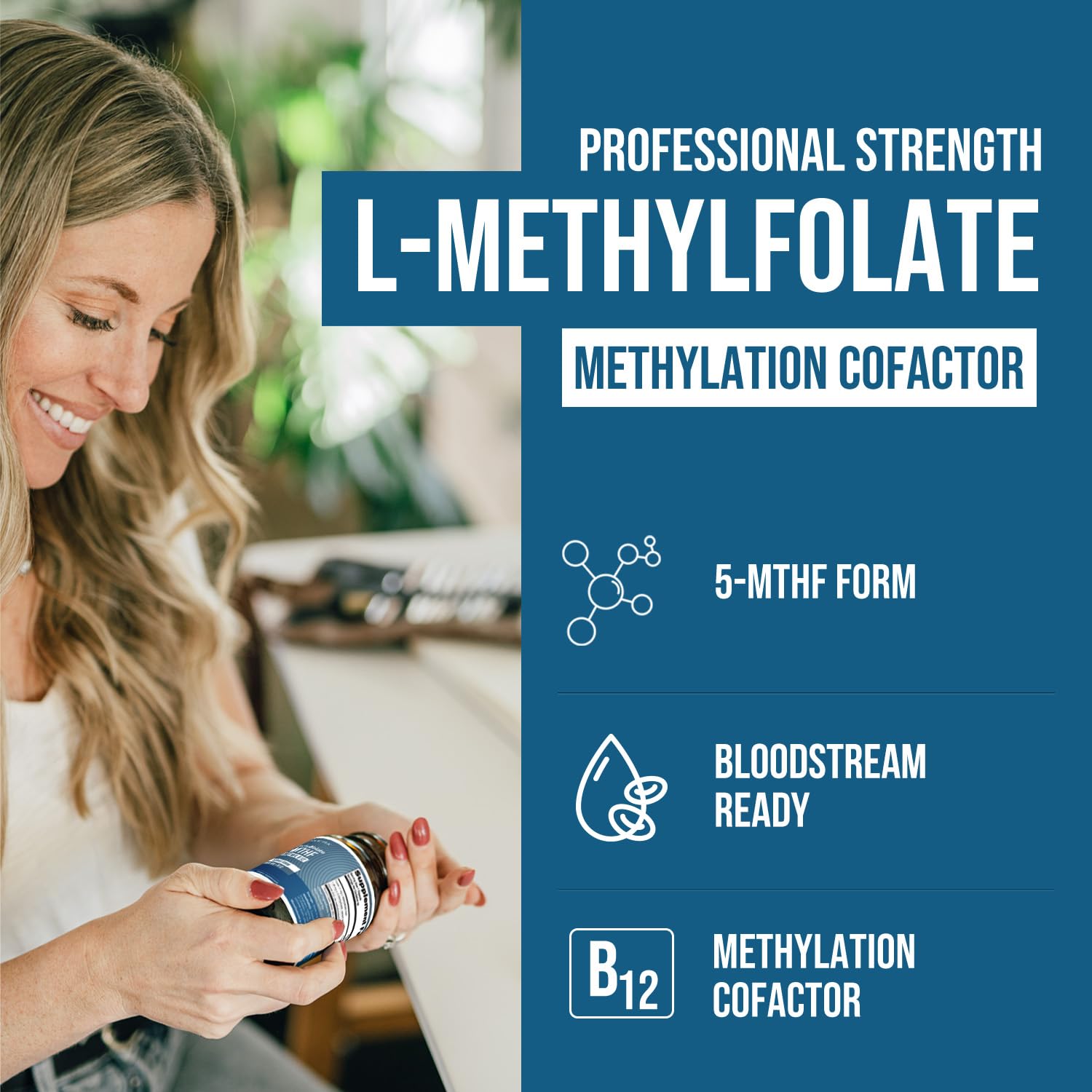 Triquetra Health L Methylfolate capsules on bottle indicating active 5-MTHF form.