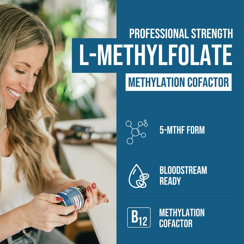 Triquetra Health L Methylfolate capsules on bottle indicating active 5-MTHF form.