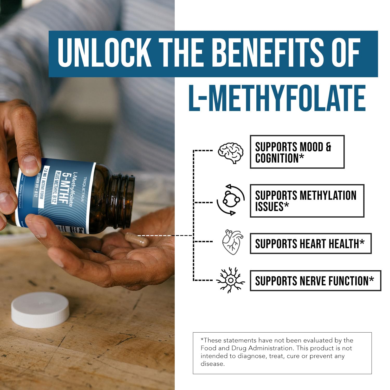 Triquetra Health L Methylfolate front packaging highlighting quality and USA-made.