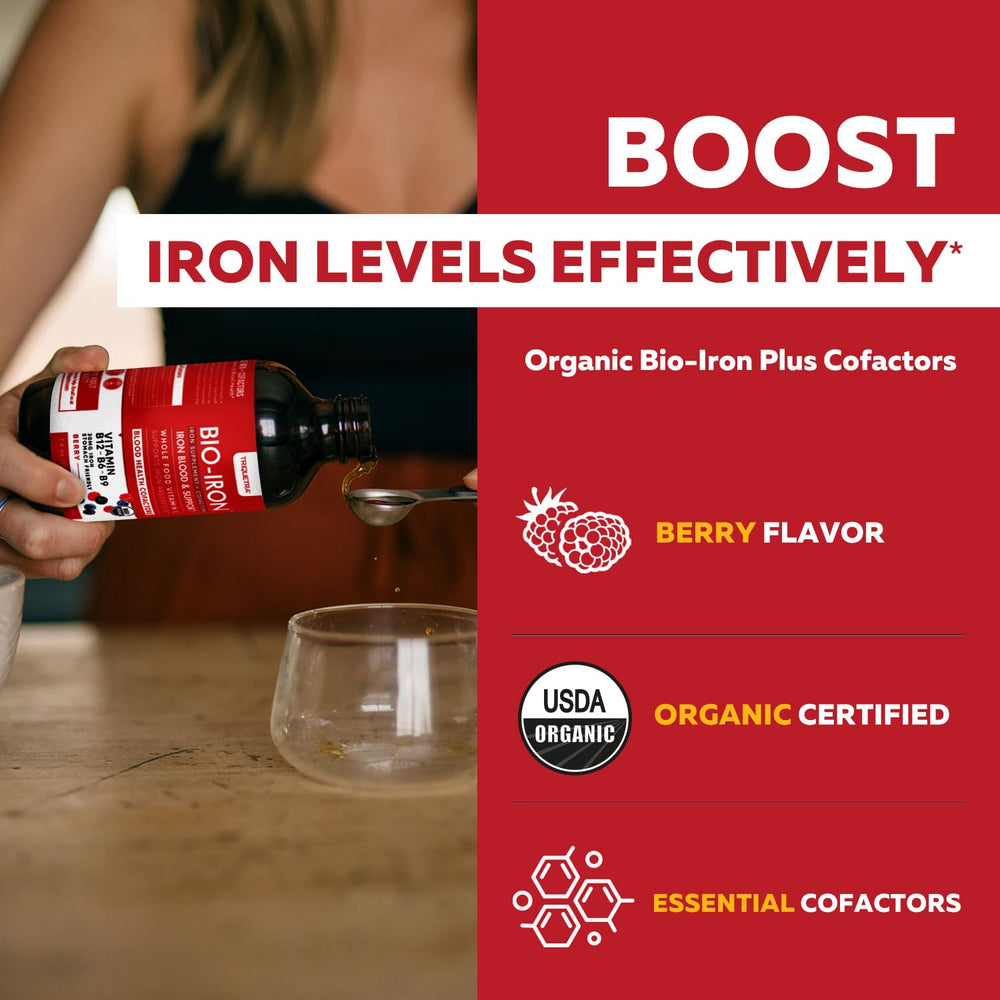Triquetra Health liquid iron pour demonstrates convenient half tablespoon dosing