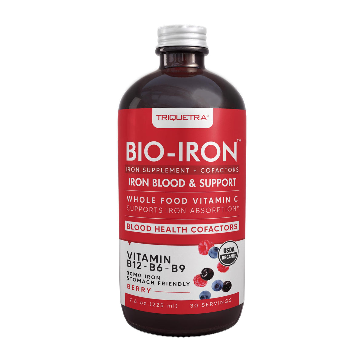 Triquetra Health Liquid Iron bottle with organic berry formula for easy daily iron support