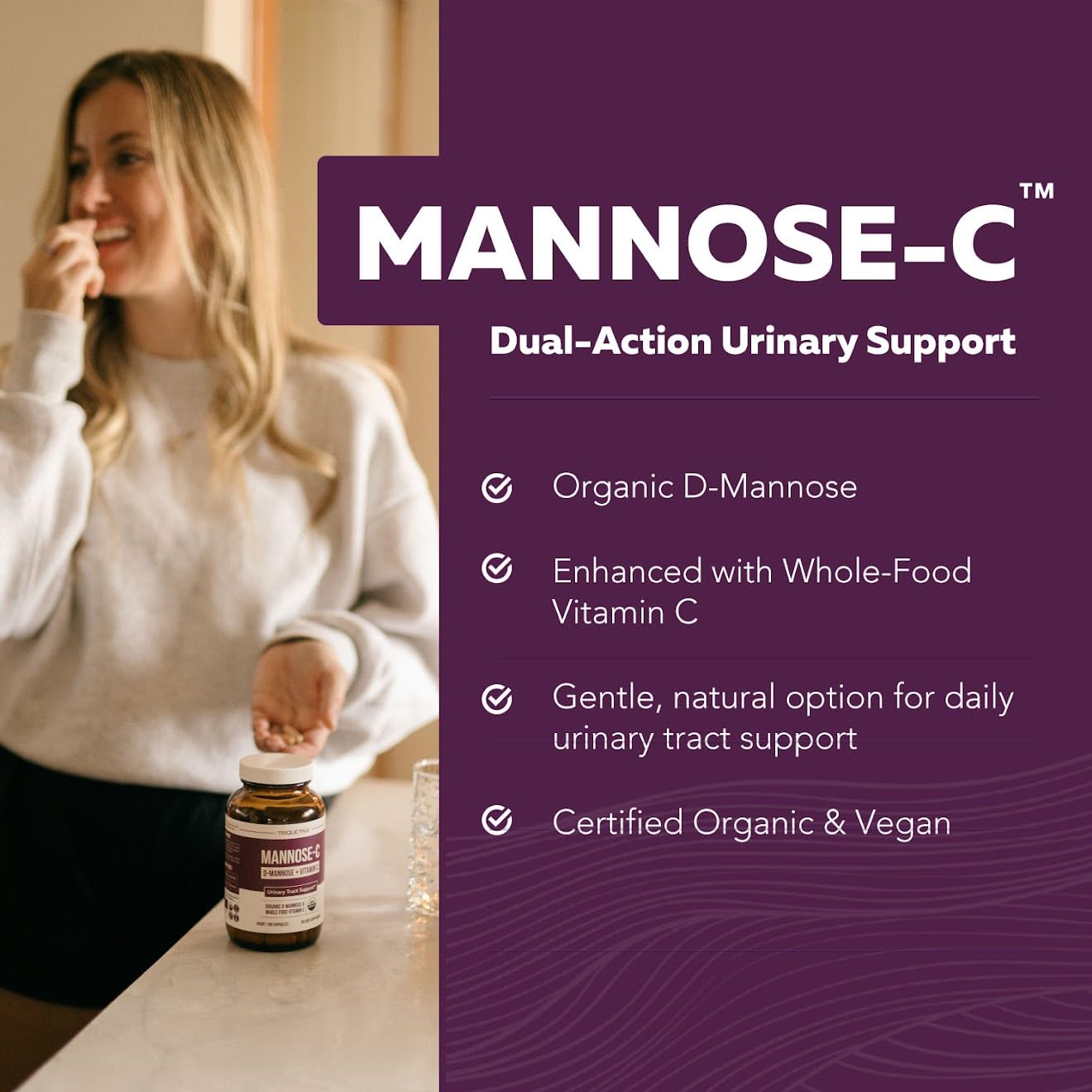 Mannose-C front label highlights organic D-mannose and whole-food vitamin C.