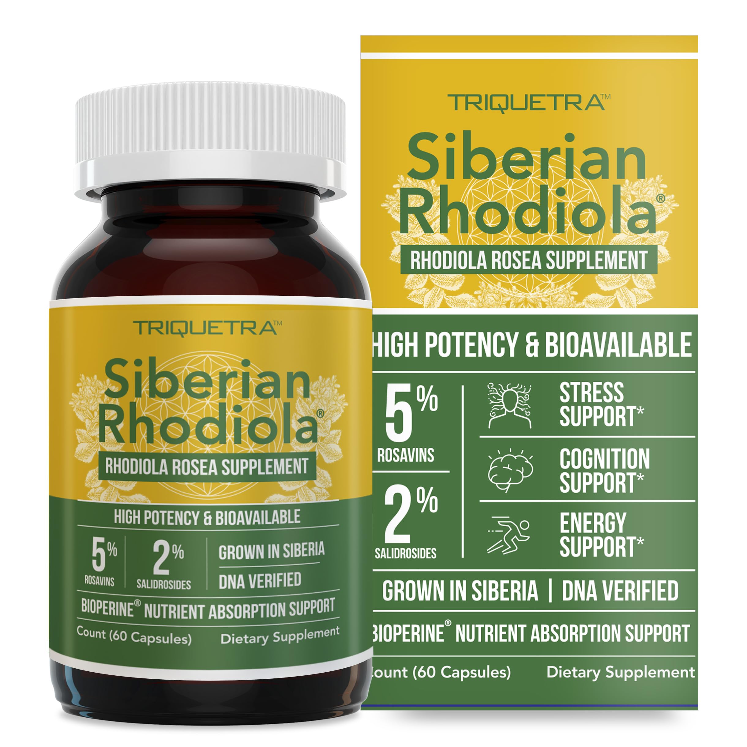 Triquetra Health Max Strength Siberian Rhodiola bottle highlights focus and resilience