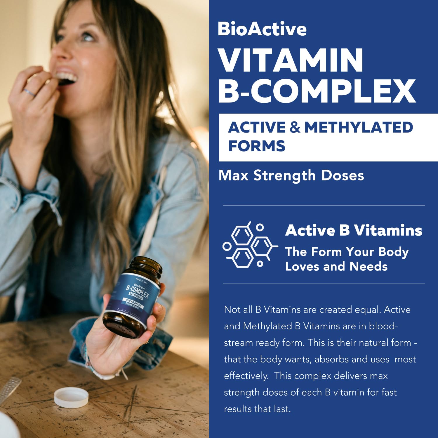 Triquetra Health MethylB12-forms bottle emphasizes instant and sustained cellular energy through multiple B12 forms.