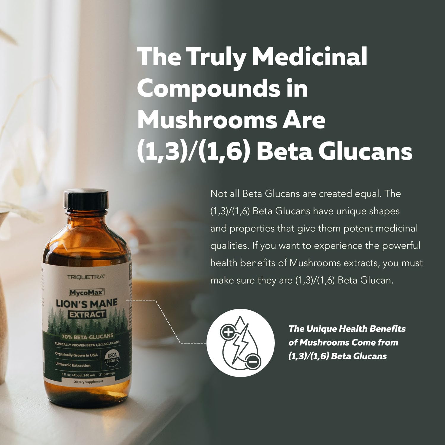Product label highlighting 70% beta-glucans and organic certification