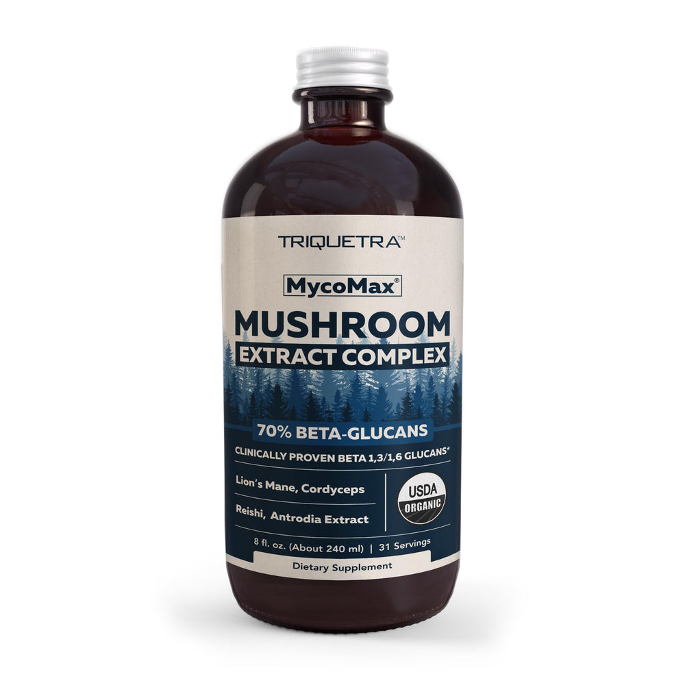 Triquetra Health MycoMax bottle label highlights potent mushroom blend for focus