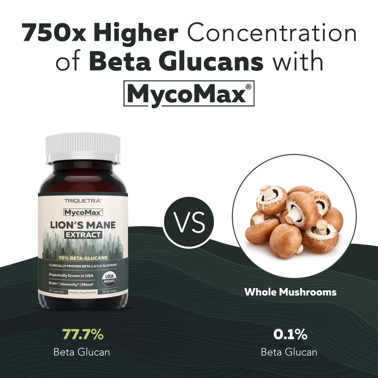 Mushroom complex closeup with Lions Mane, Cordyceps and Reishi benefits.