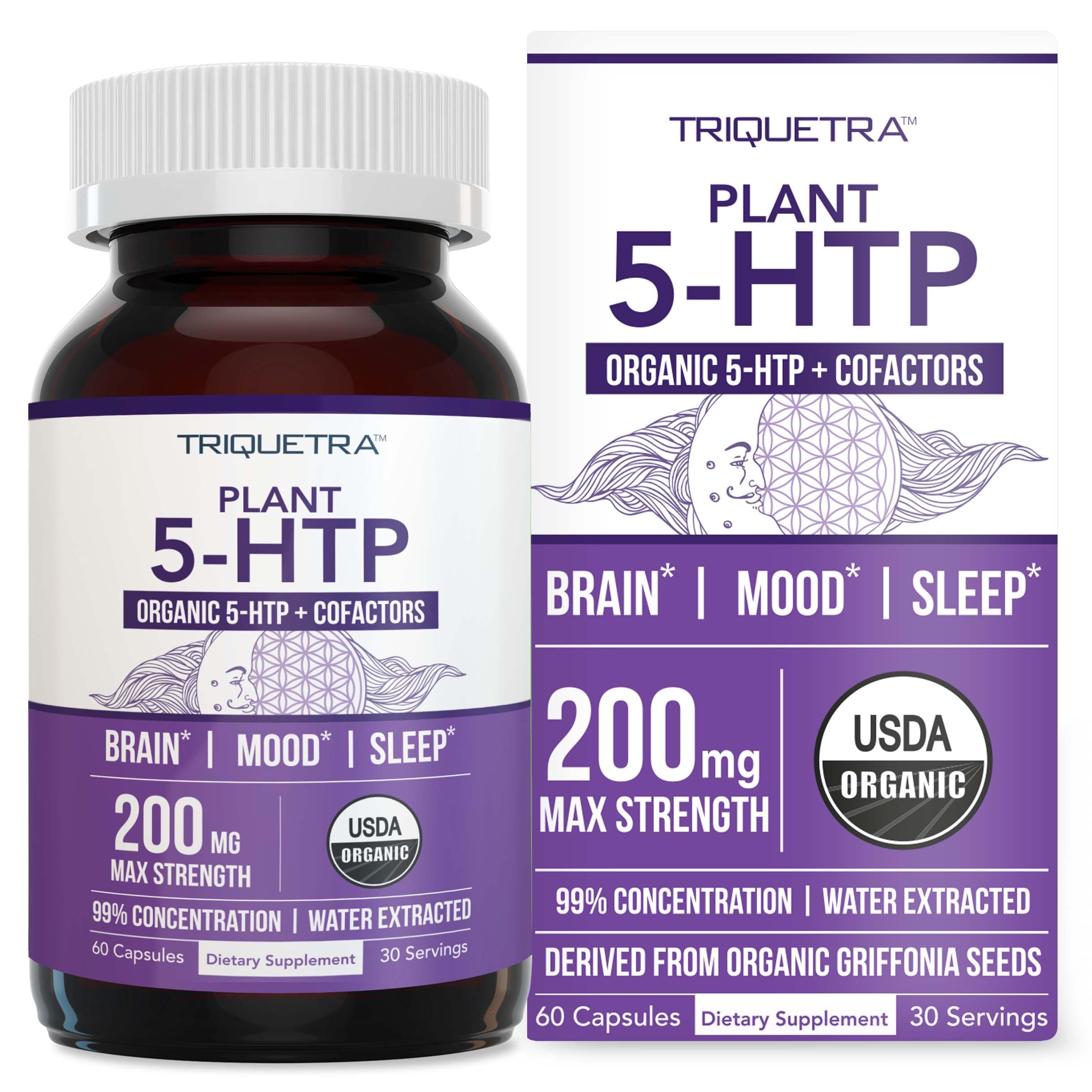 Triquetra Health Organic 5-HTP water-extract bottle promotes calm mood.