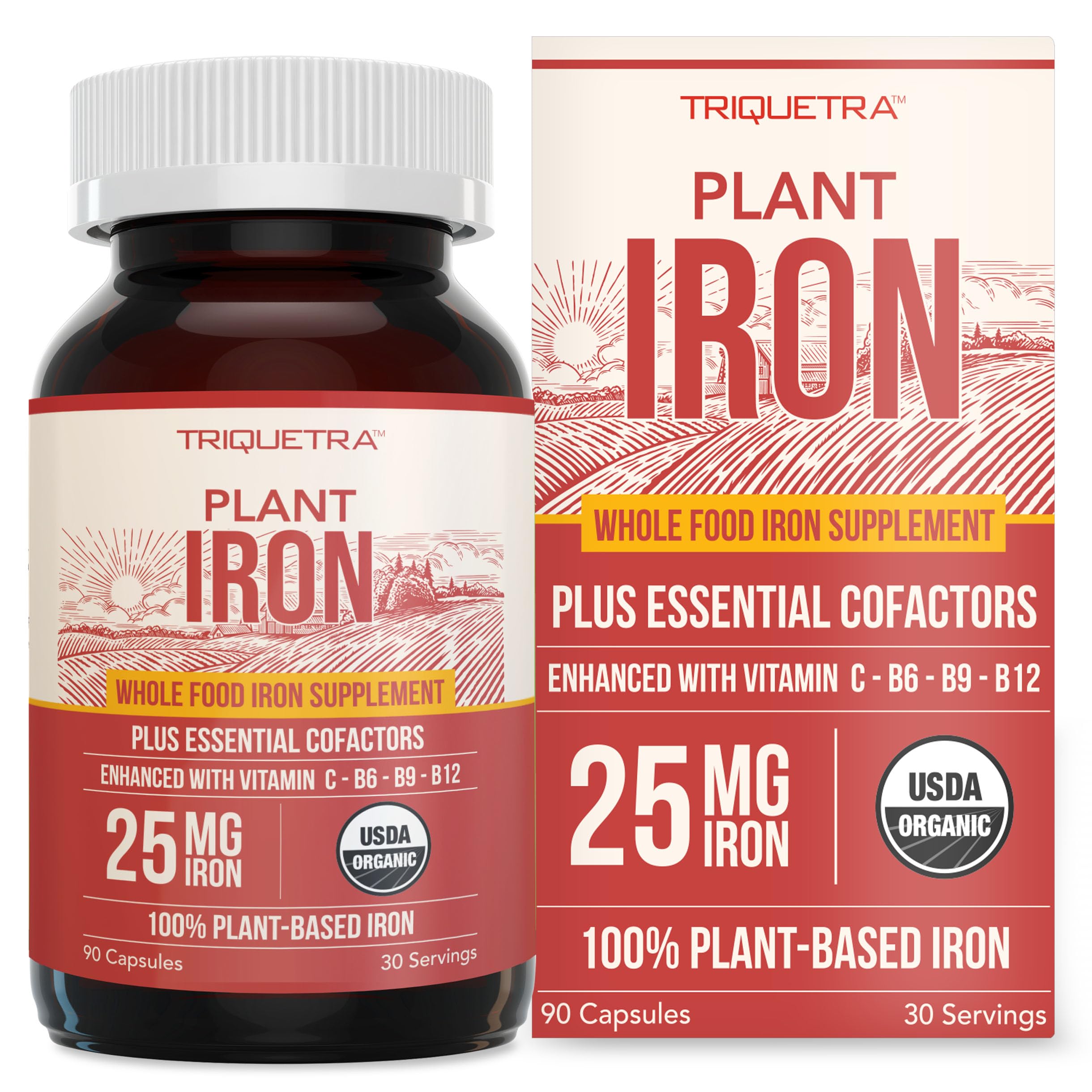 Triquetra Health Organic Iron supplement bottle showing 90 capsules for daily support