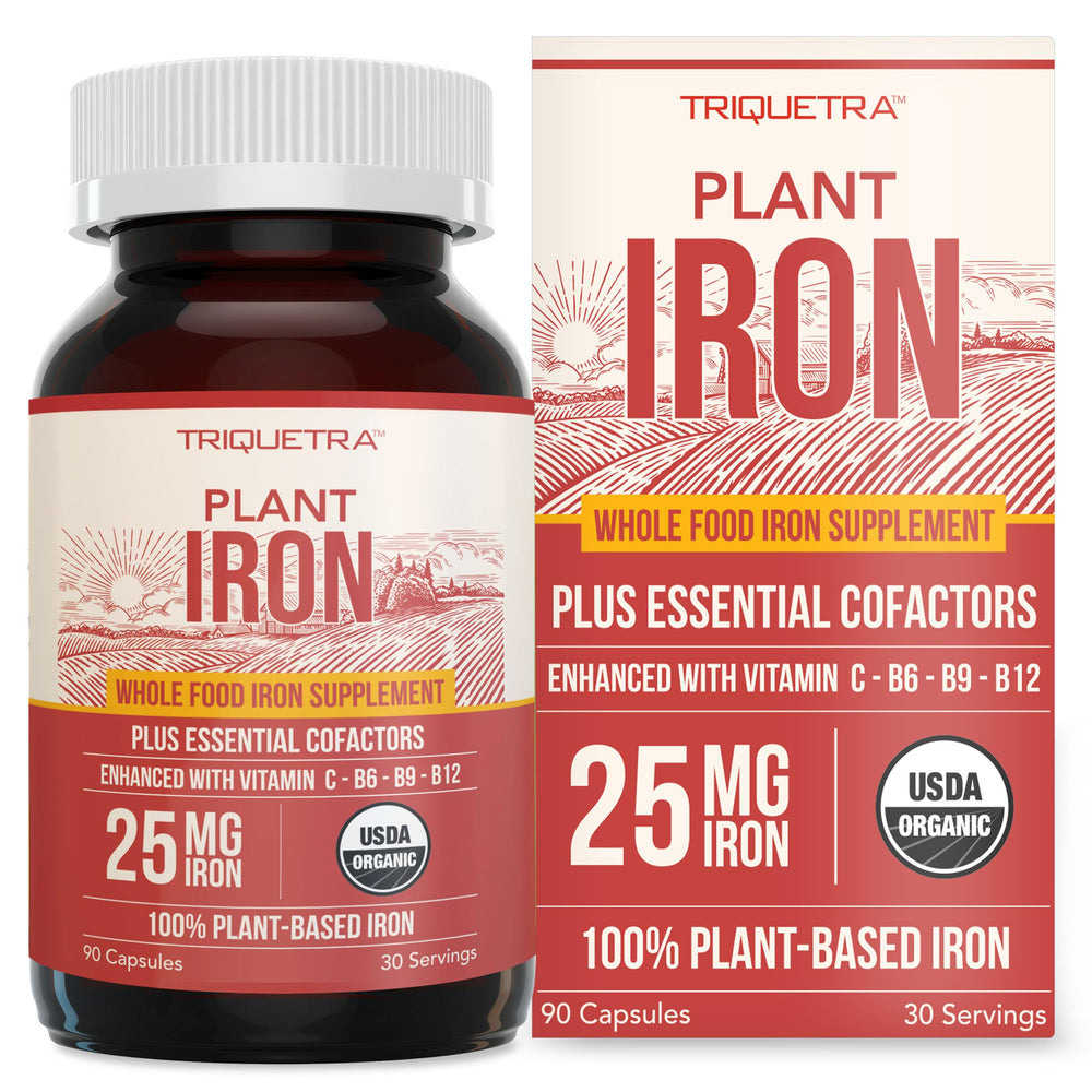Triquetra Health Organic Iron supplement bottle showing 90 capsules for daily support