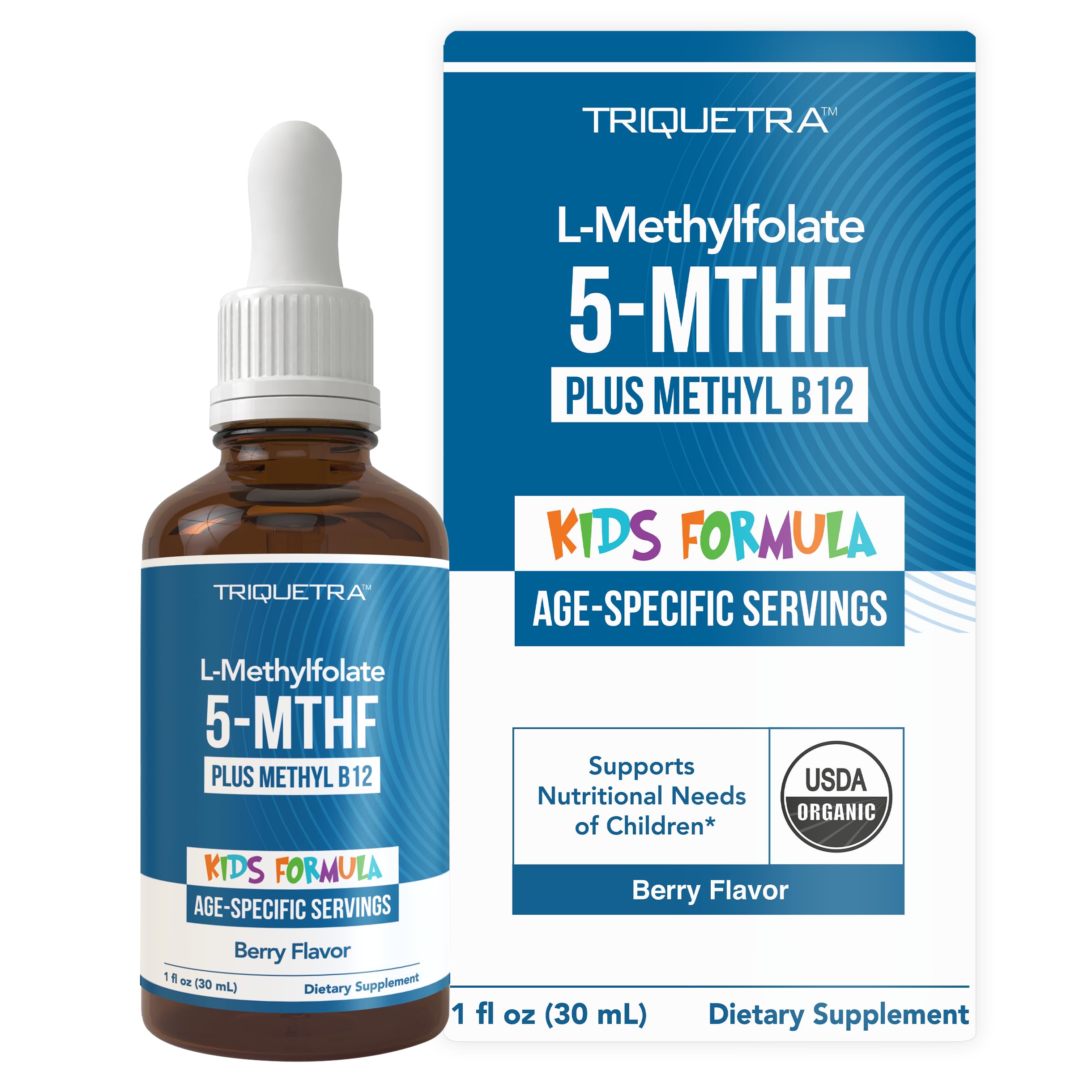 Triquetra Health organic kids L-Methylfolate berry-flavor bottle promoting mood support and easy dosing