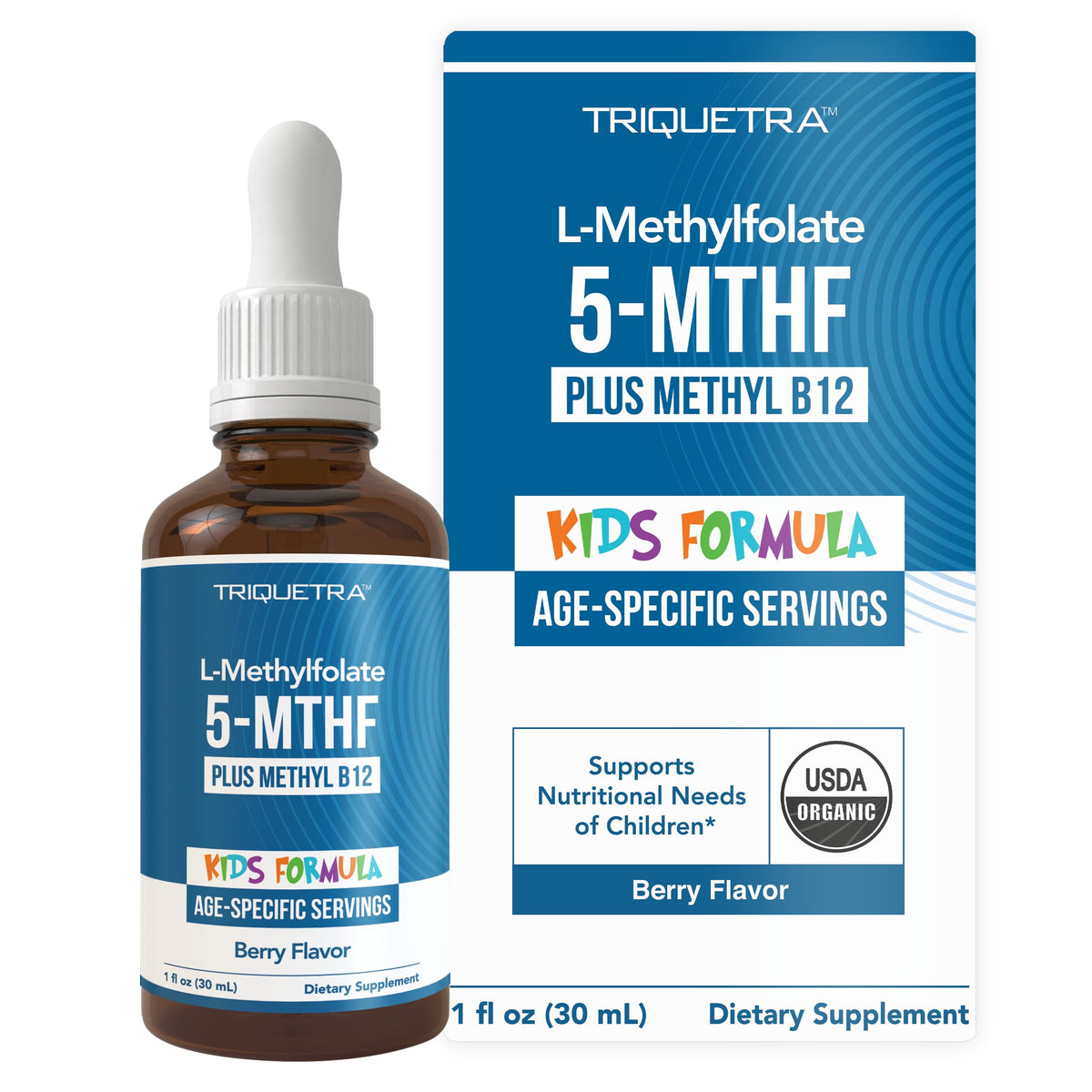 Triquetra Health organic kids L-Methylfolate berry-flavor bottle promoting mood support and easy dosing