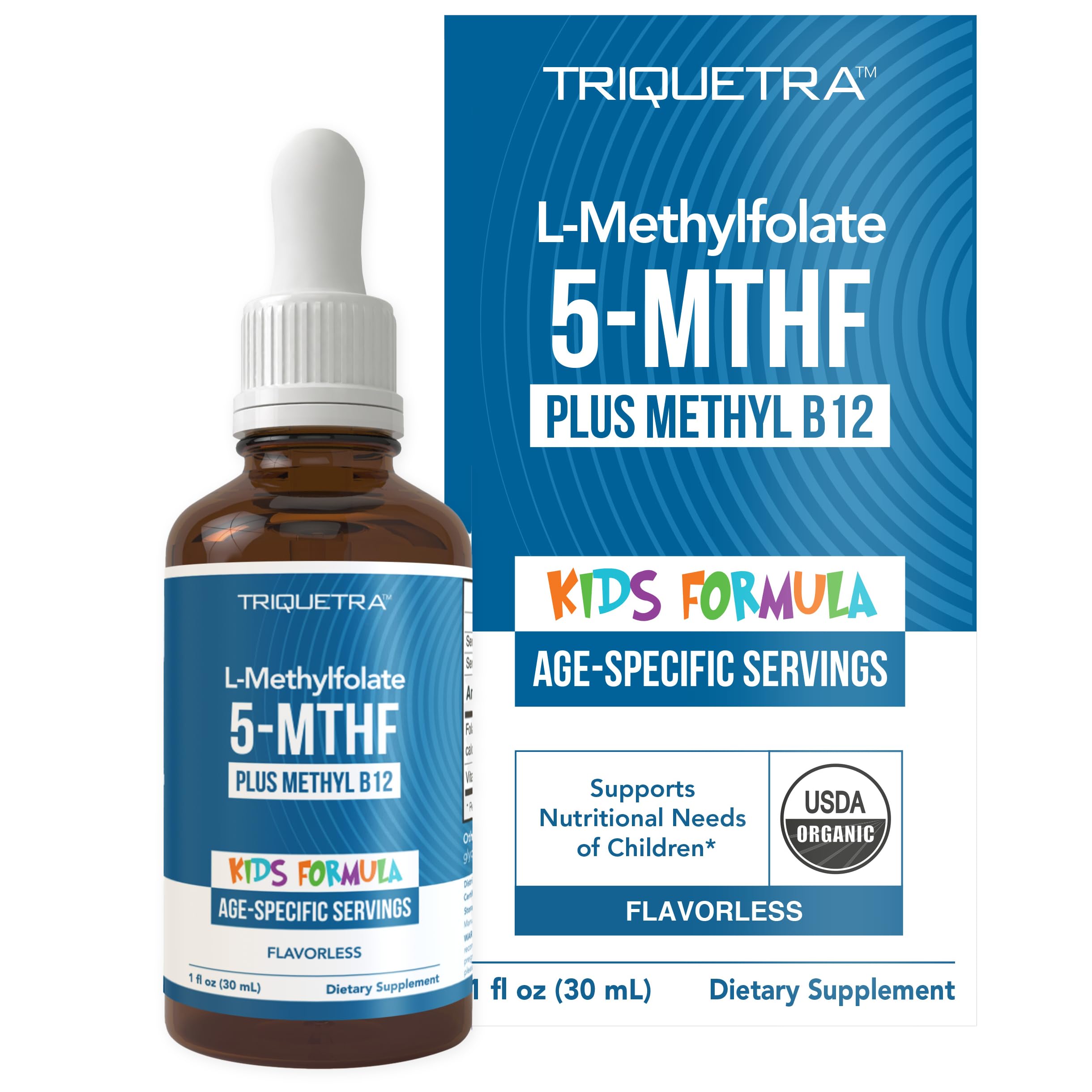 Triquetra Health Organic Kids Methylfolate bottle front view, flavorless sublingual formula for easy daily use.