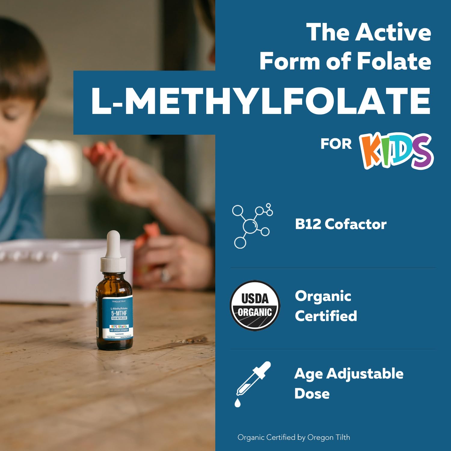 Triquetra Health Organic Kids Methylfolate bottle side with organic certification visible on label.