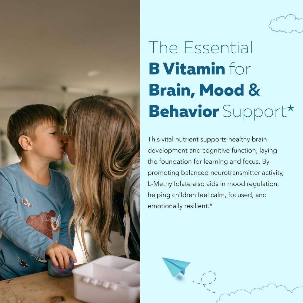 Triquetra Health Organic Kids Methylfolate label close-up highlighting MTHF and B12 cofactor.