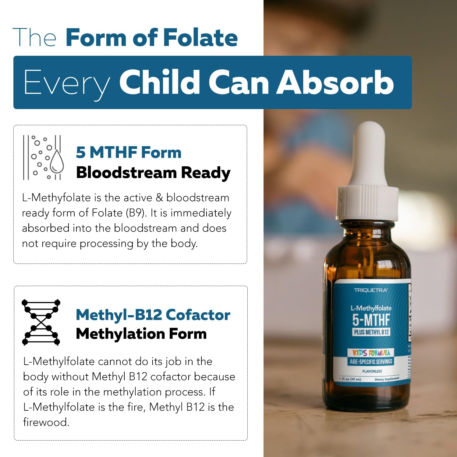 Triquetra Health Organic Kids Methylfolate sublingual drops ready for under-tongue use.