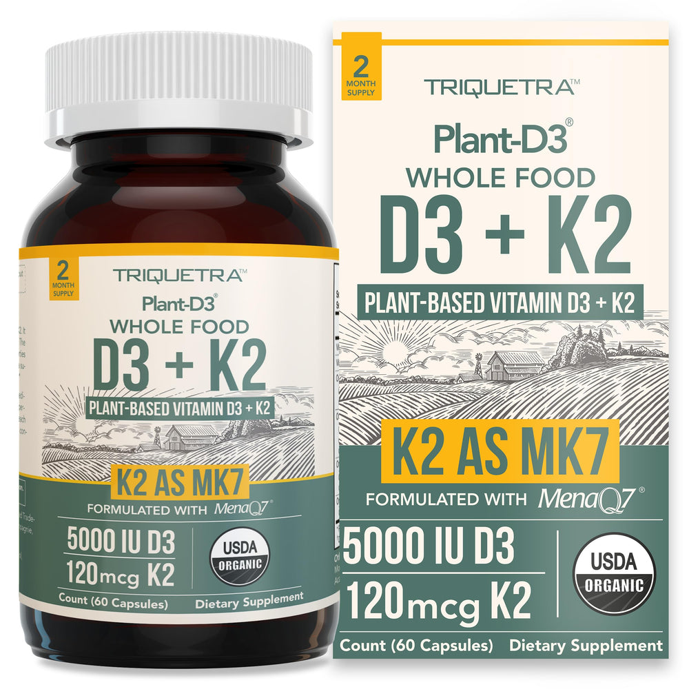 Triquetra Health Organic Plant D3 + K2 bottle front; algae-based vitamins for daily balance.