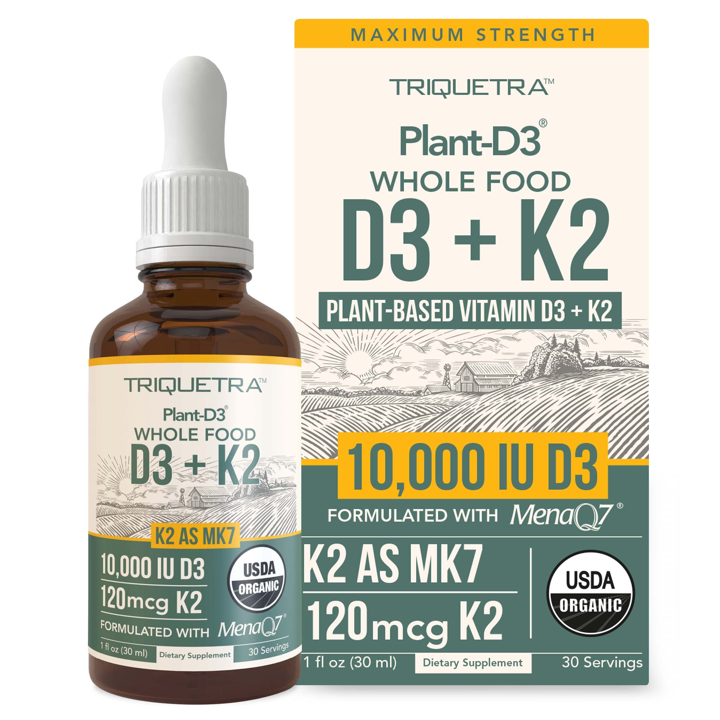 Triquetra Health Organic Plant D3 K2 bottle pour demonstrates convenient daily dosing