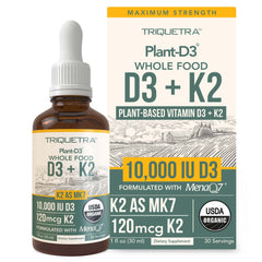 Triquetra Health Organic Plant D3 K2 bottle pour demonstrates convenient daily dosing