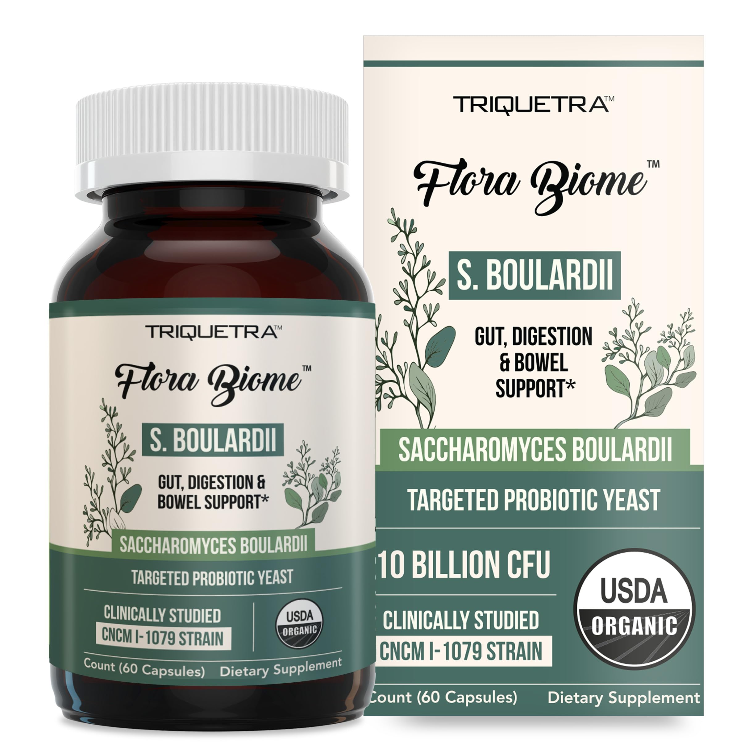 Triquetra Health Organic S. boulardii bottle with organic certification for gut balance.