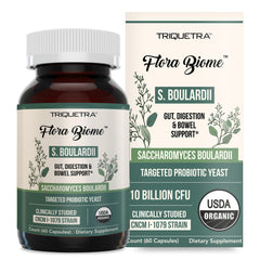Triquetra Health Organic S. boulardii bottle with organic certification for gut balance.