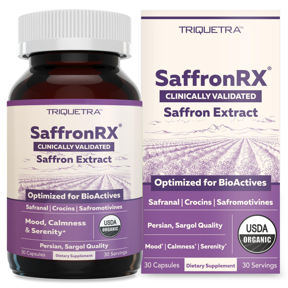 Triquetra Health Organic Saffron Extract bottle with optimized formula for mood support
