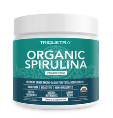 Triquetra Health organic spirulina powder bottle for daily greens boost.
