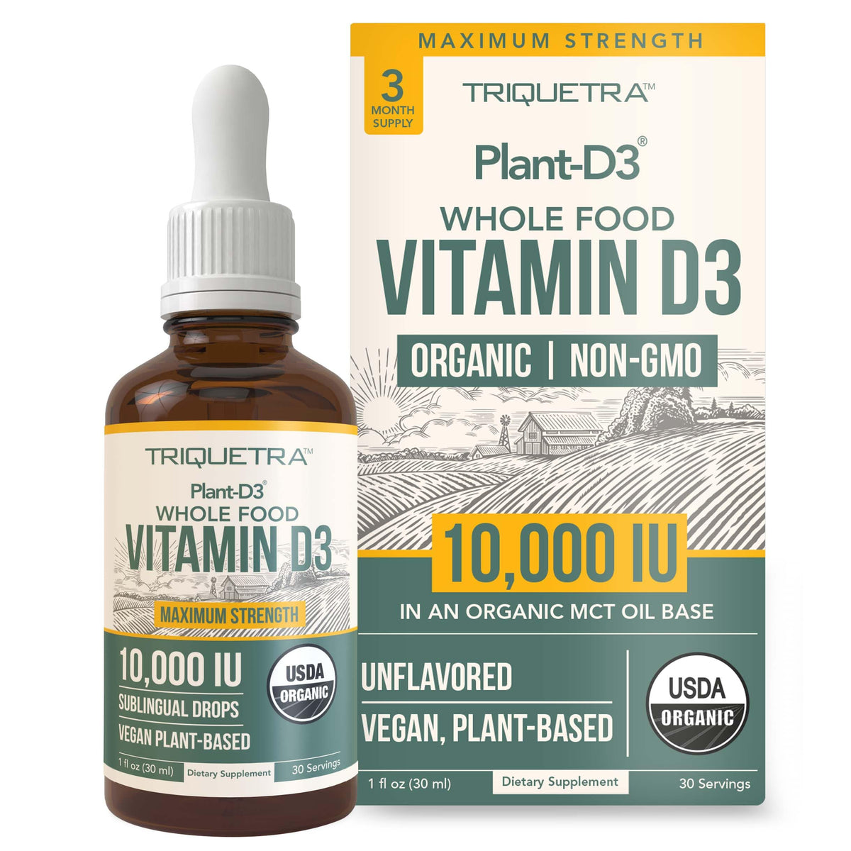 Triquetra Health Organic Vitamin D3 bottle highlighting 10,000 IU for daily wellness.