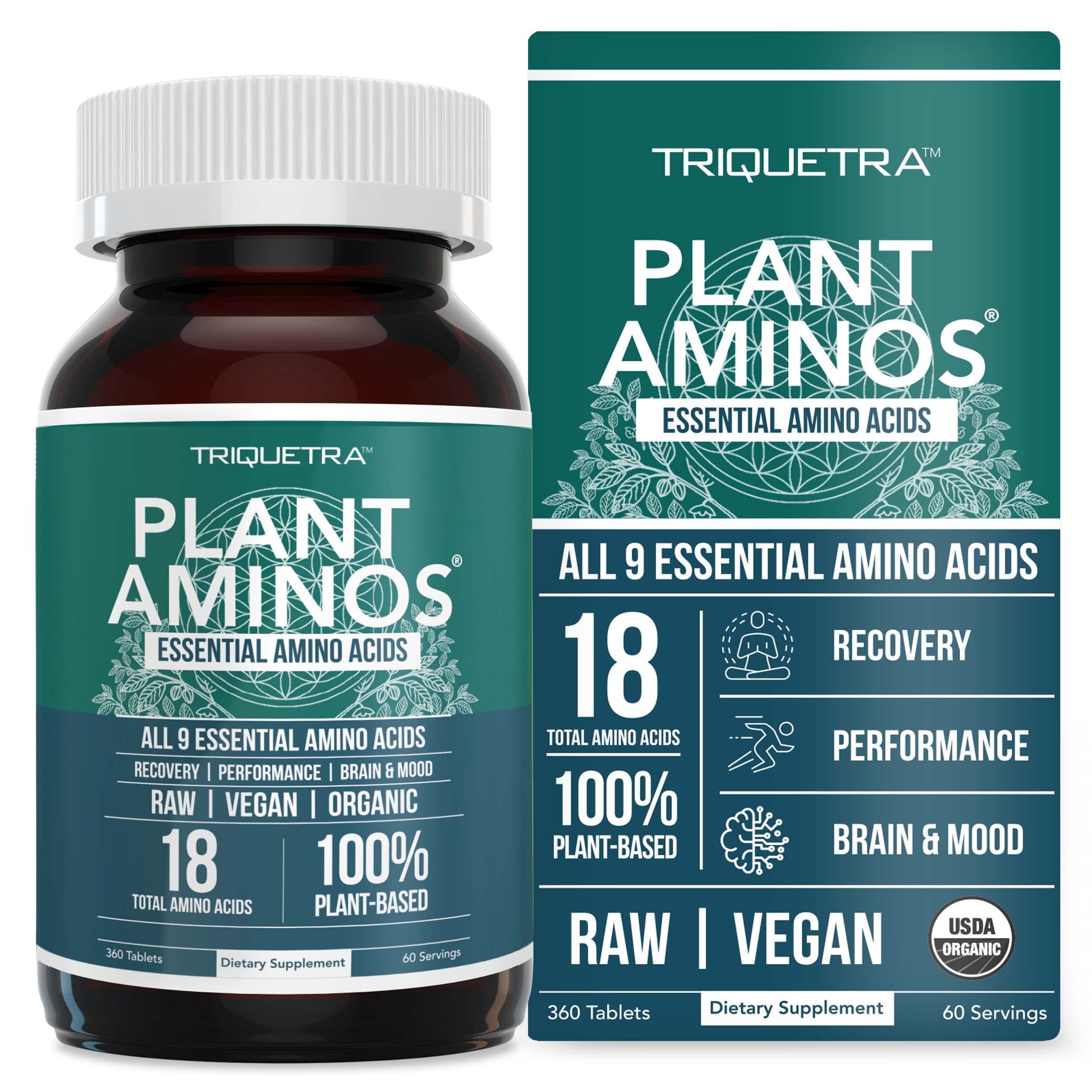 Triquetra Health Plant Aminos bottle promotes convenient vegan EAAs for workouts.