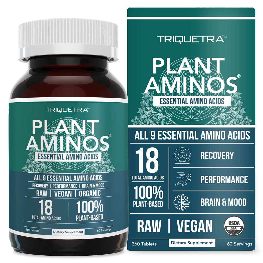 Triquetra Health Plant Aminos bottle promotes convenient vegan EAAs for workouts.