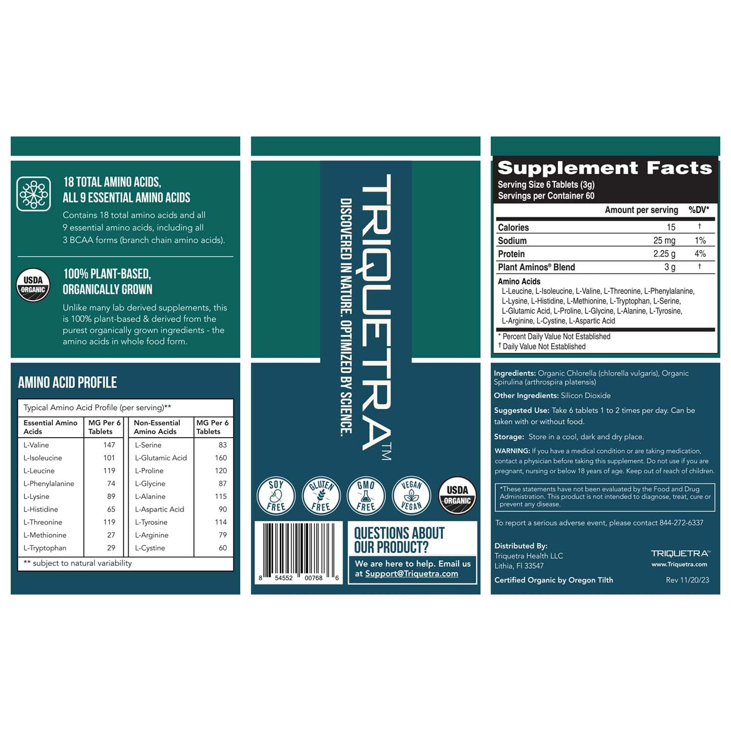 Triquetra Health Plant Aminos GMP facility badge signals rigorous production standards.