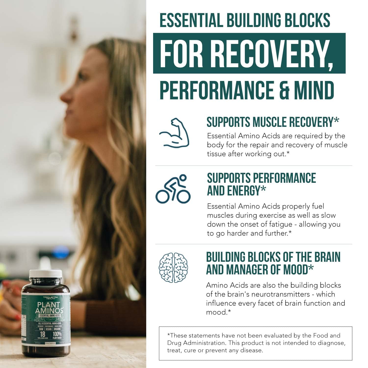 Triquetra Health Plant Aminos tablets closeup for easy daily supplementation.
