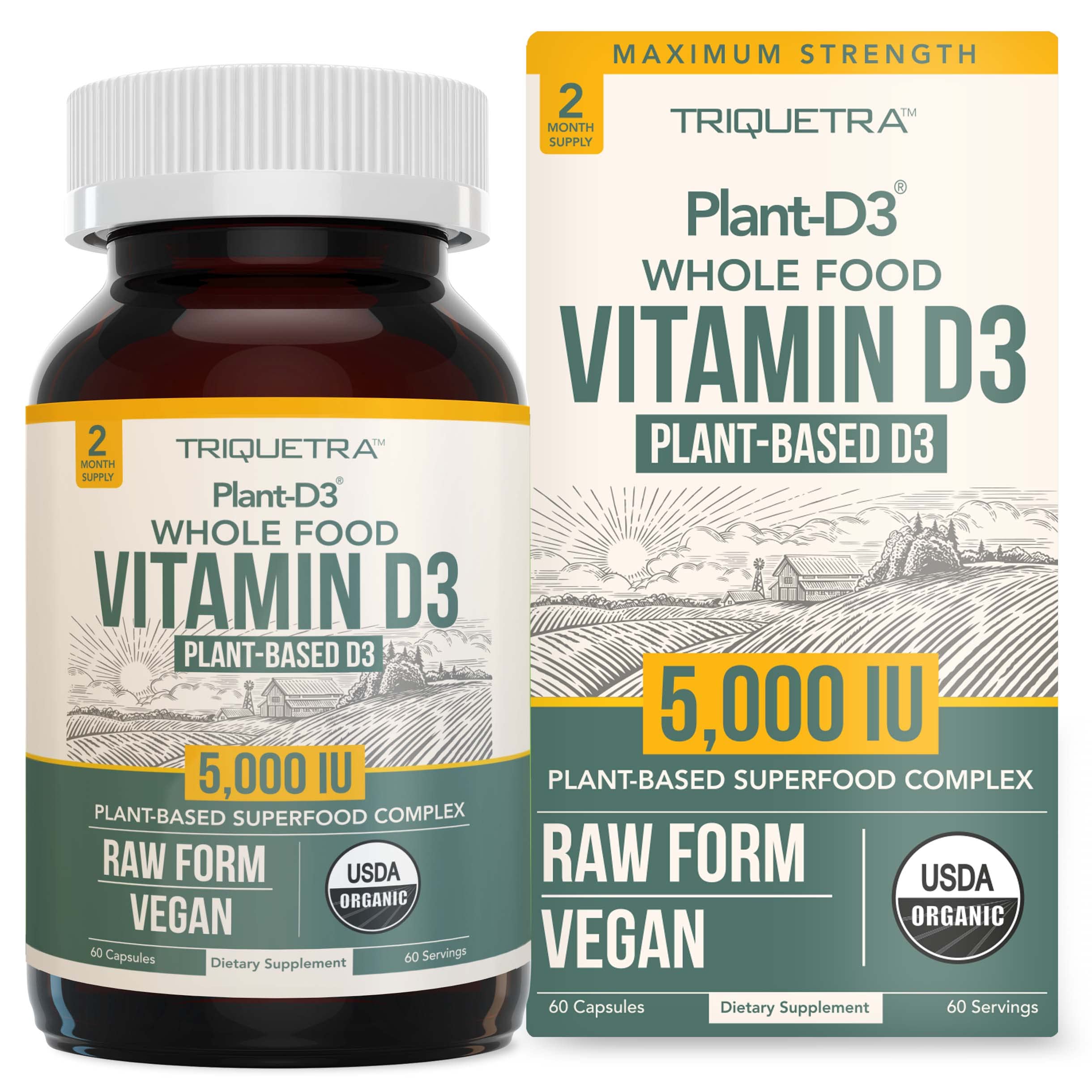 Triquetra Health Plant-D3 bottle showing high-strength, plant-based vitamin D3 for daily wellness.