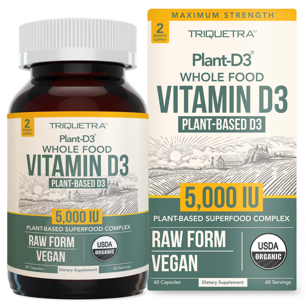 Triquetra Health Plant-D3 bottle showing high-strength, plant-based vitamin D3 for daily wellness.