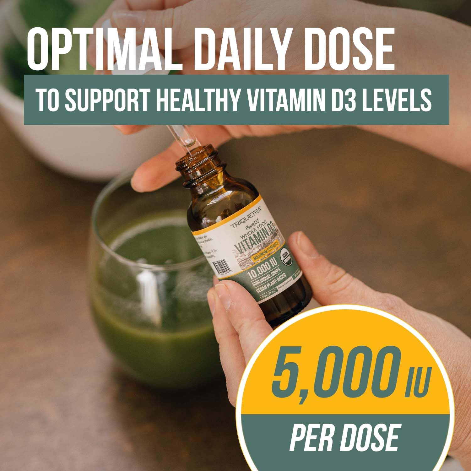 Triquetra Health Plant-D3 drops close-up emphasizes premium vegan formula.