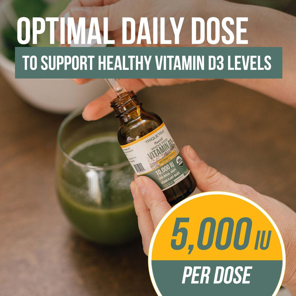 Triquetra Health Plant-D3 drops close-up emphasizes premium vegan formula.