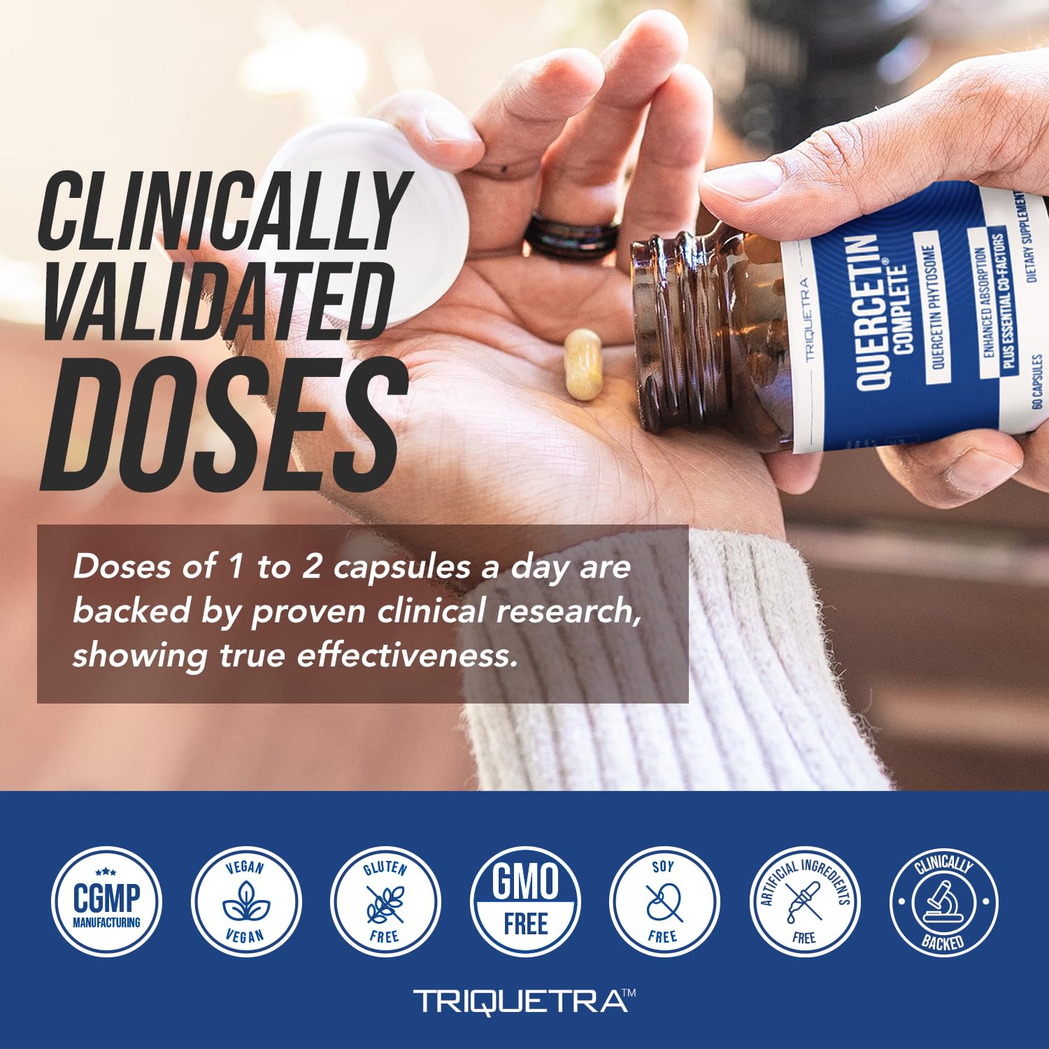 Dosing spoon beside Quercetin Complete bottle for easy once or twice daily use
