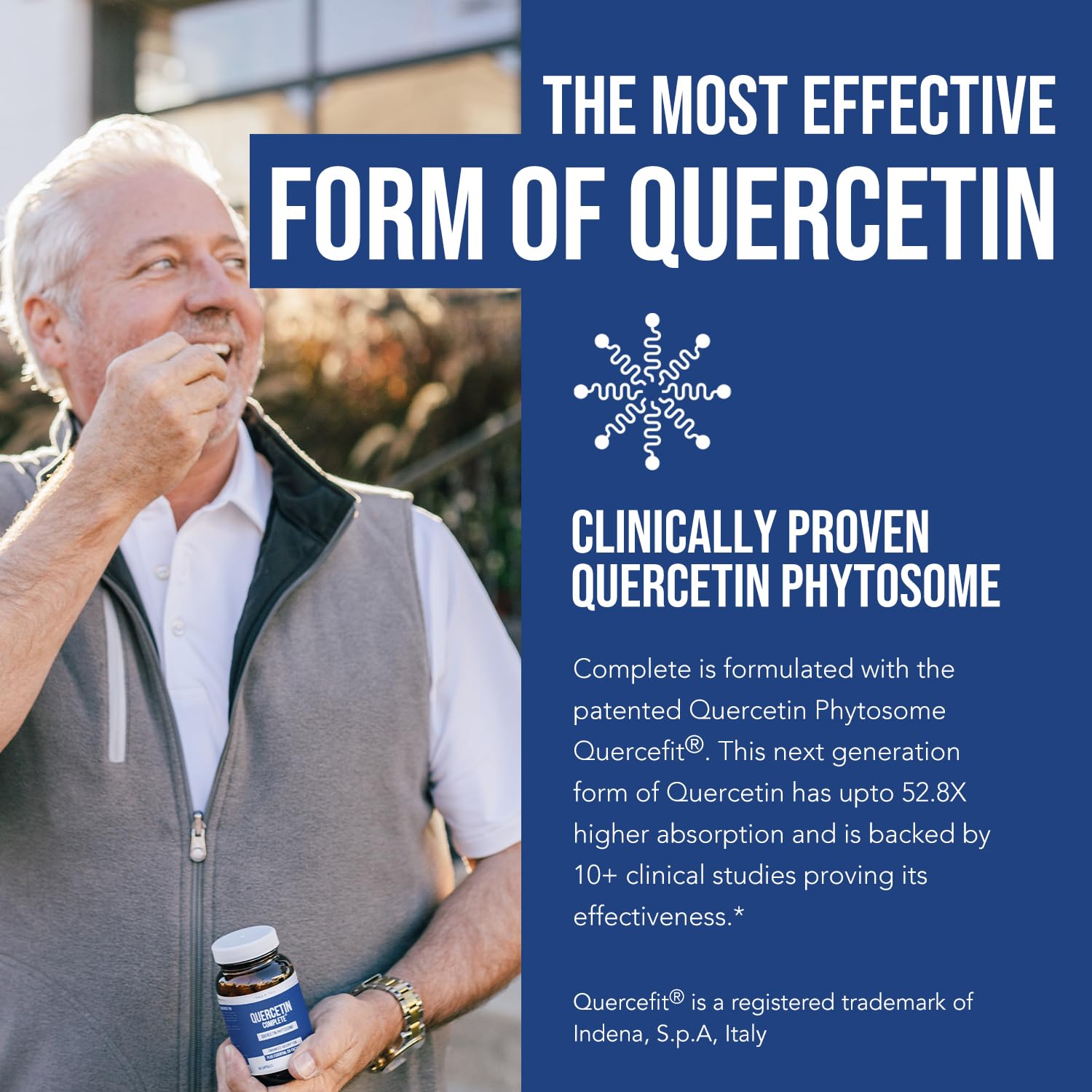 Quercetin Complete bottle label featuring phytosome structure
