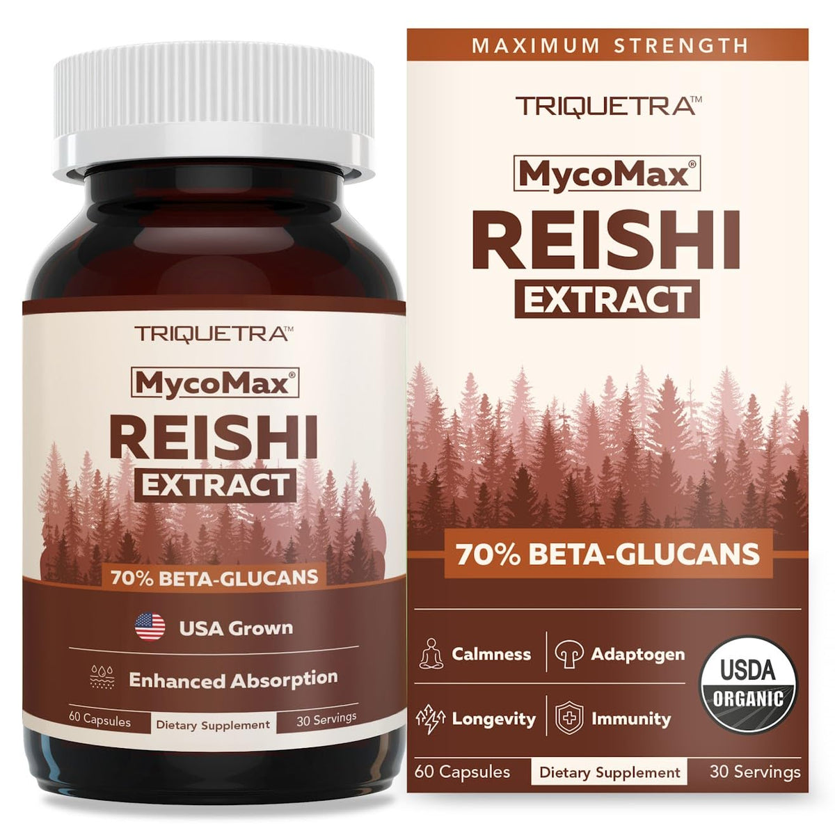 Triquetra Health Reishi capsules with 70% beta glucans for daily energy and balance.