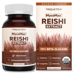 Triquetra Health Reishi capsules with 70% beta glucans for daily energy and balance.