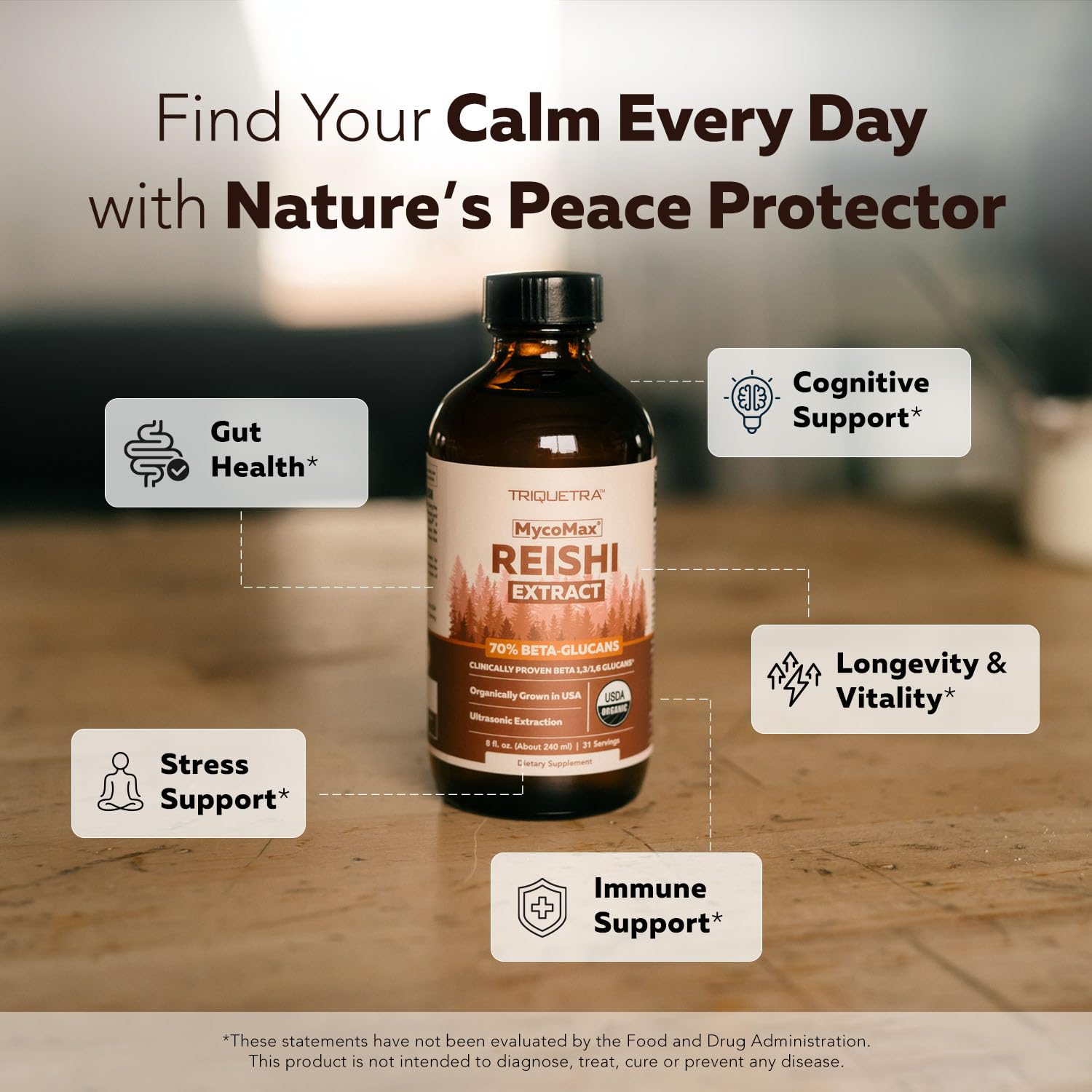 Triquetra Health Reishi capsules on display for immune support.