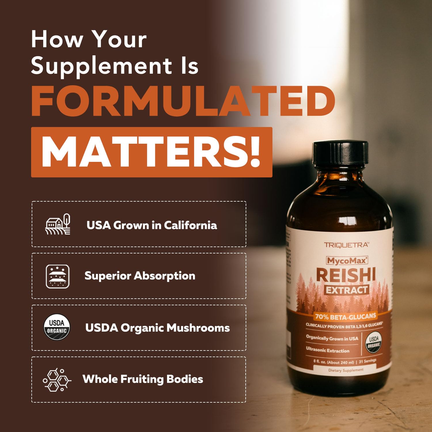 Triquetra Health Reishi bottle in a calm routine scene.