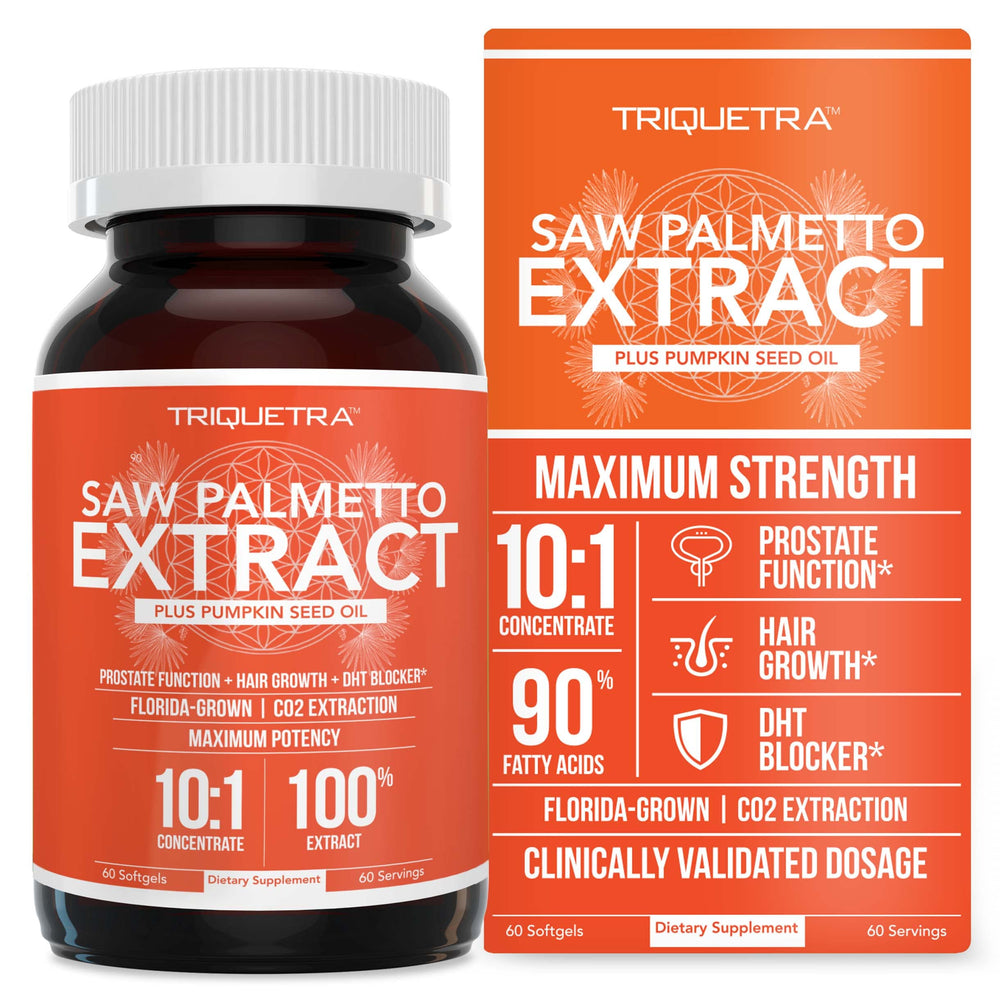 Triquetra Health Saw Palmetto Extract bottle highlights 10x potency for prostate support