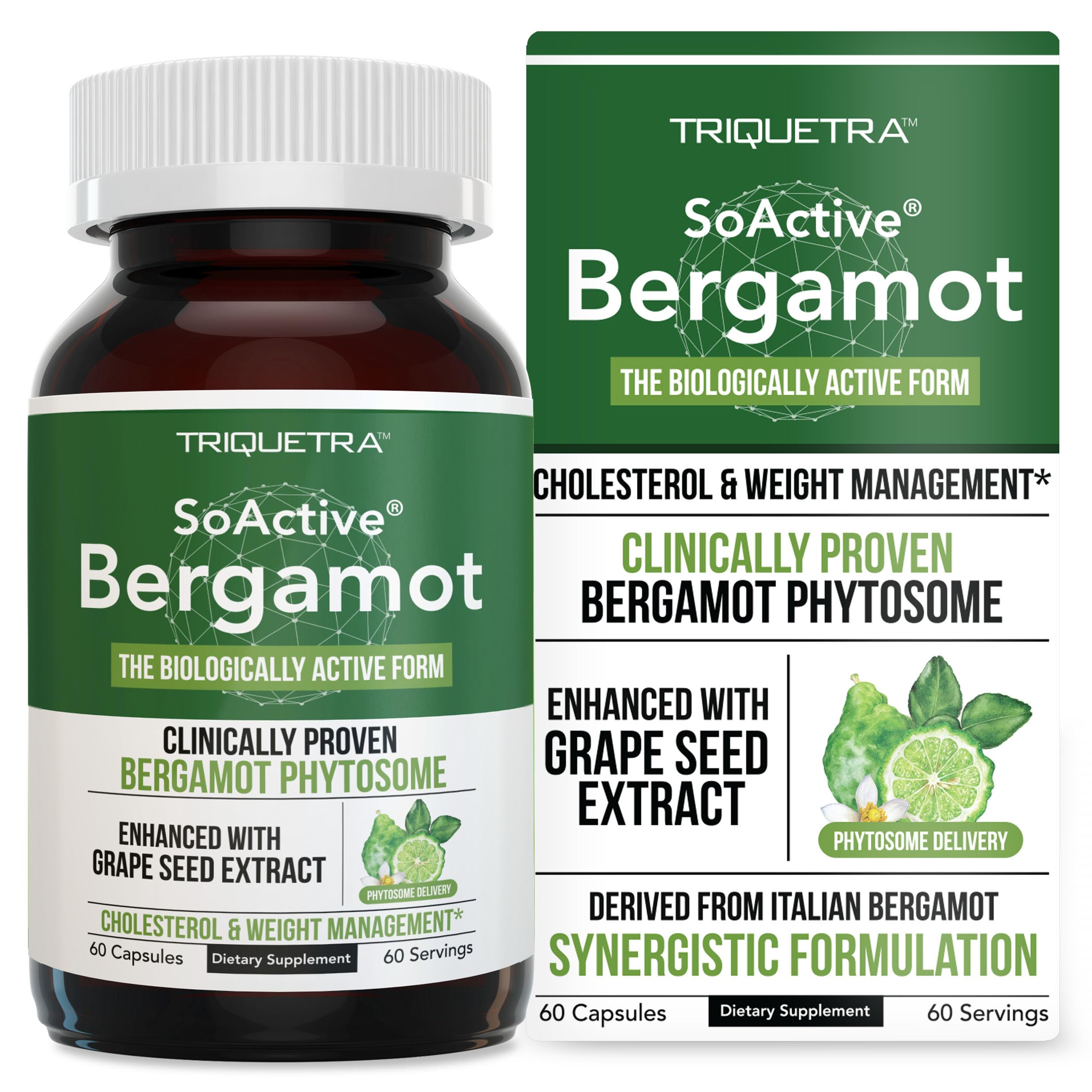 Triquetra Health SoActive Bergamot bottle with label hints at cholesterol and weight management potential.
